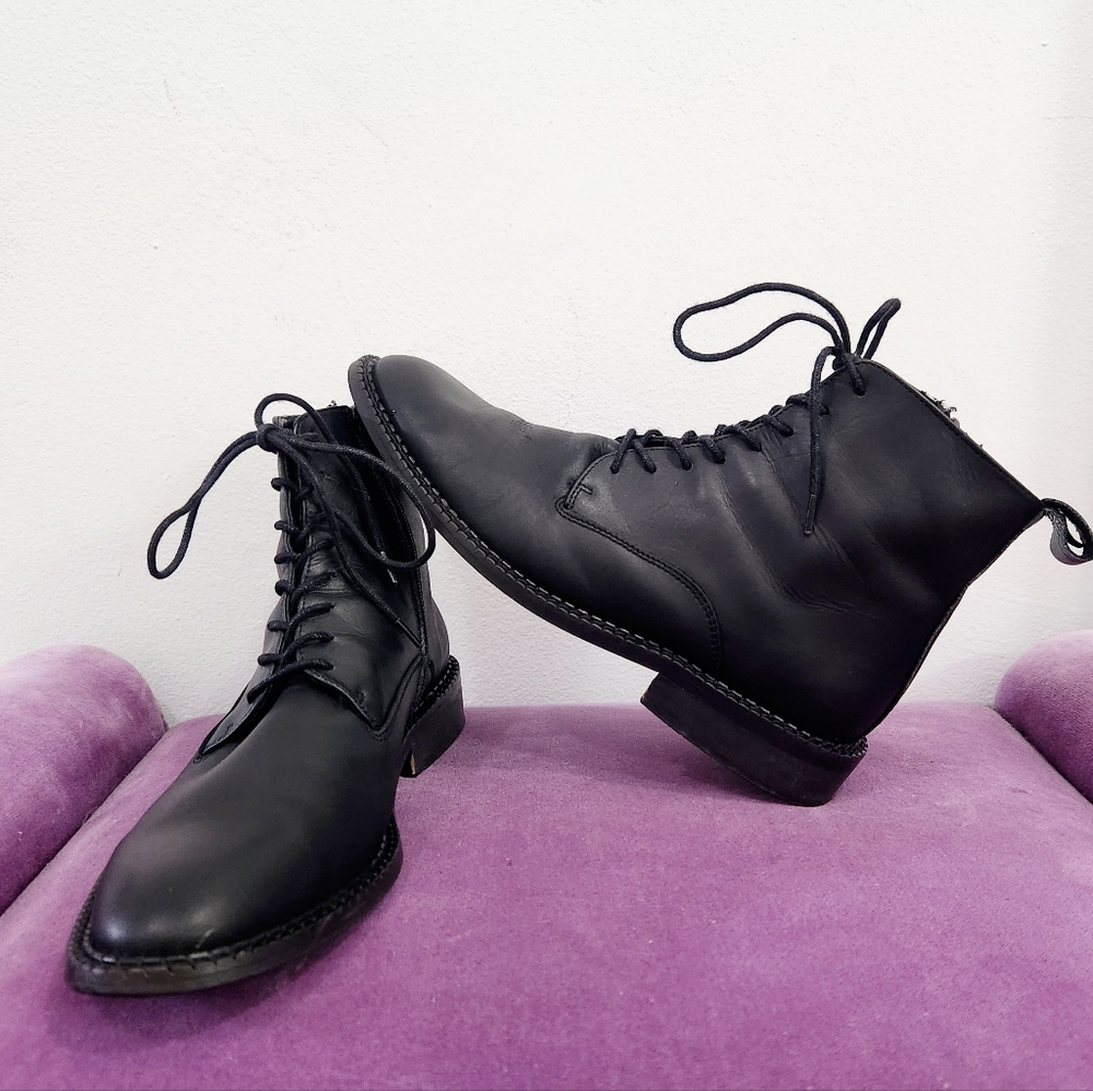 Black Leather Lace Up Booties ~ Women's